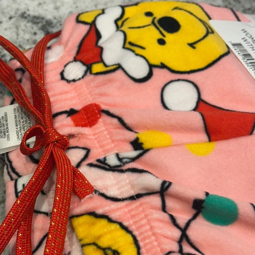 Disney Womens Medium Sleep Pant Pink Winnie the Pooh Christmas Fleece Pockets - Picture 4 of 6